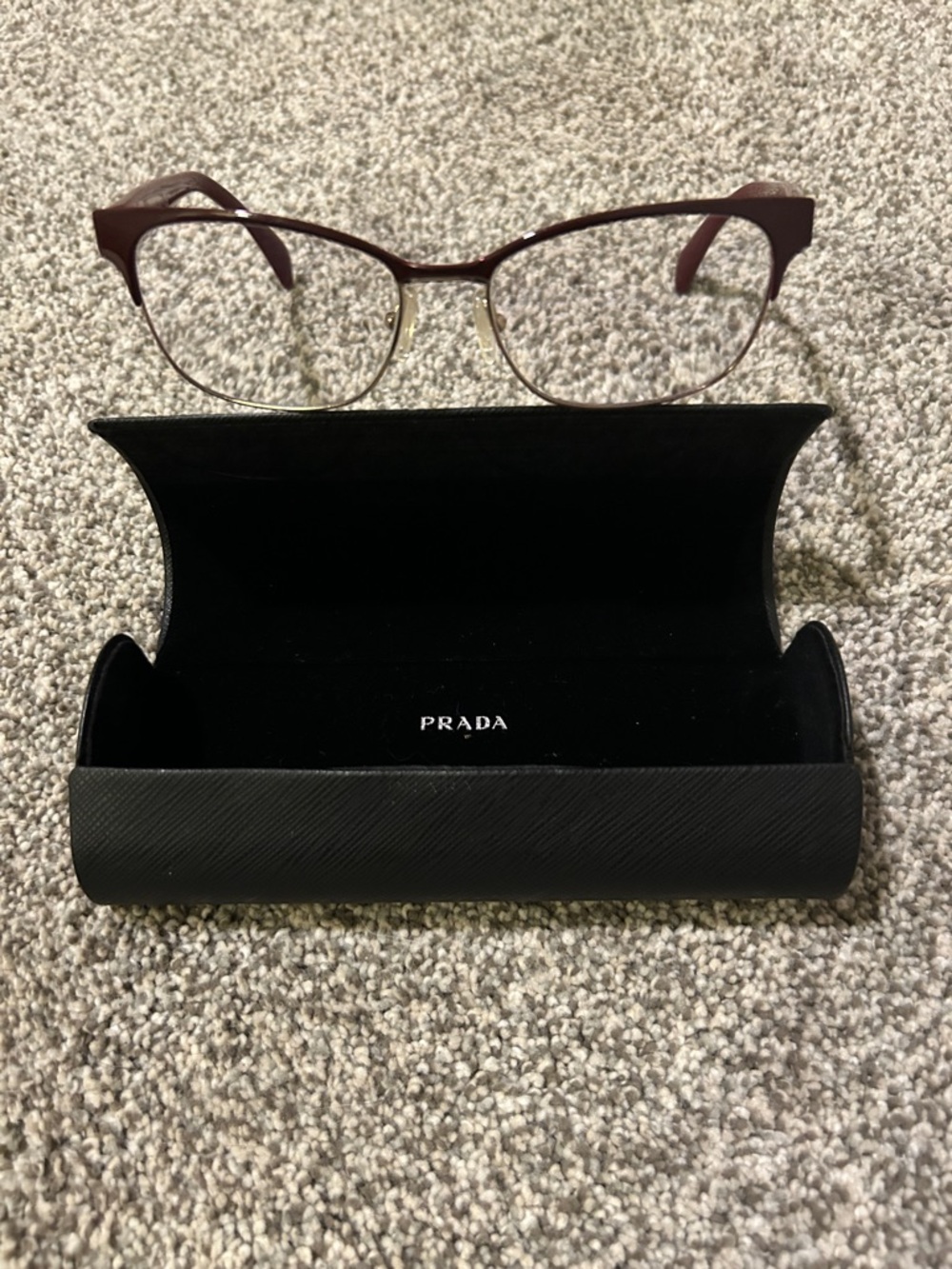 Prada Burgundy Cat-Eye Optical Glasses with Gold Accents